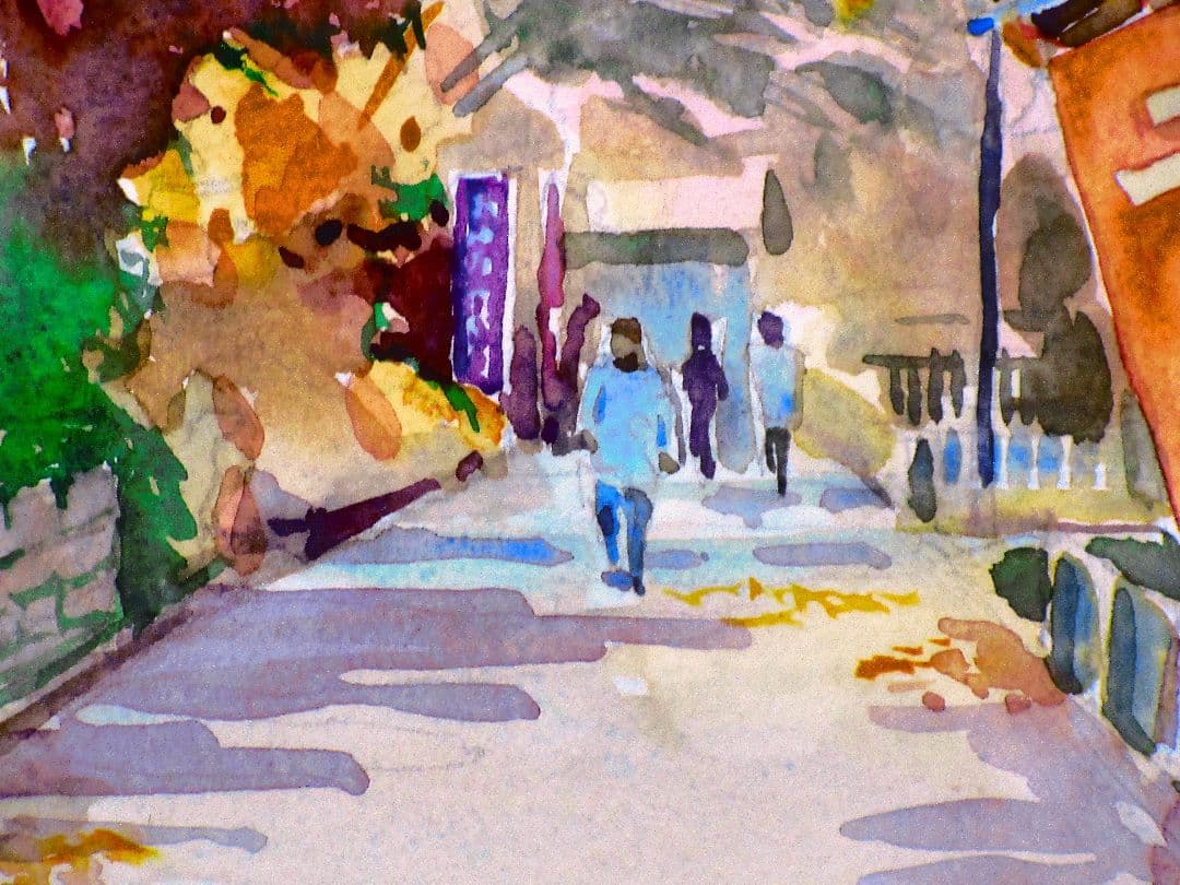 秋の観光地の路地( 水彩画 木製フレーム付き)