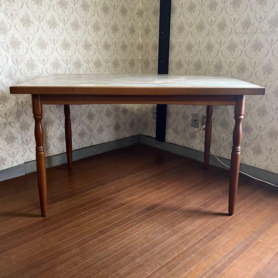 【アンティーク】昭和レトロ 大理石柄 木製ダイニングテーブル 石目天板 古民家