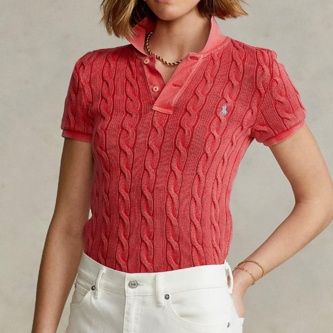 未使用級 ラルフローレン 現行 ケーブルニット ポロシャツ M ウォッシュ加工