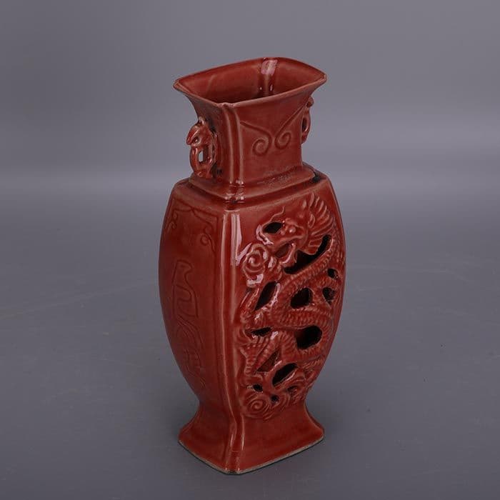 薪窯紅釉二重透かし彫り竜両耳扁瓶  現代工芸品 美術品 置物