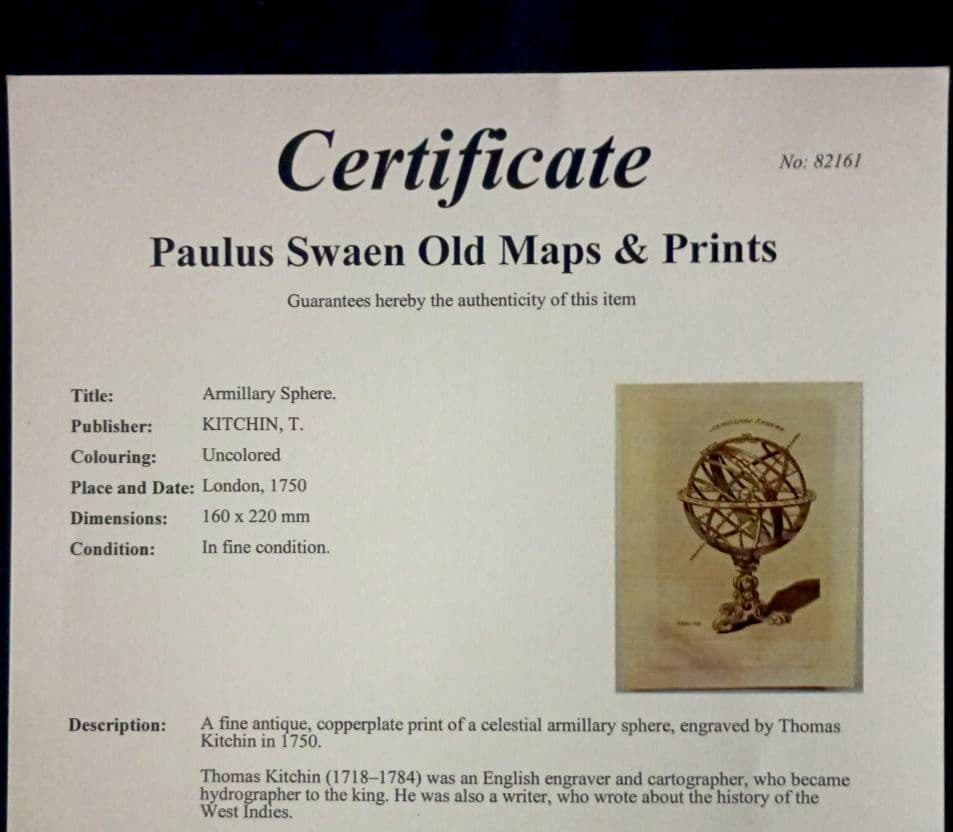 額装品　1750年　T.KITCHIN　「アーミナリ天球儀」渾天儀