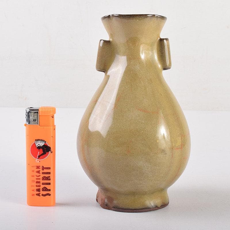 中国　哥窯　青磁　金絲鉄線　氷裂文双耳瓶　C　6910