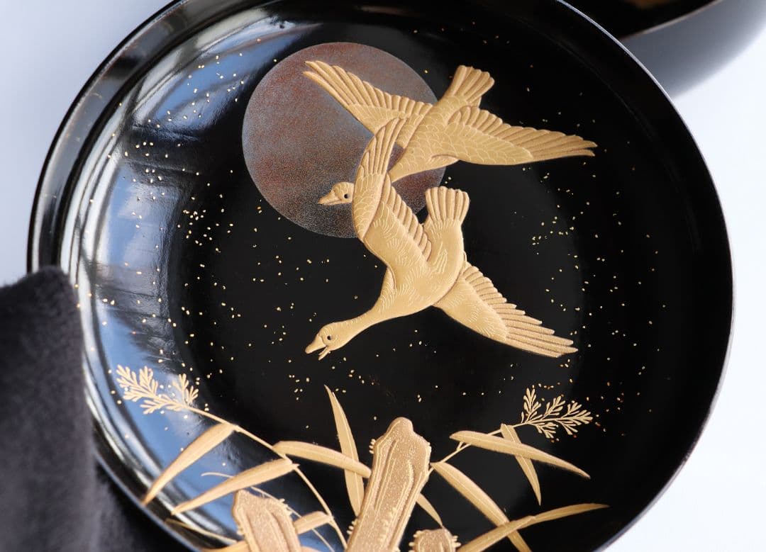 CL64 加賀蒔絵 月に雁 金蒔絵 黒塗煮物椀 五客 木製漆器 梨地 鳥 芦