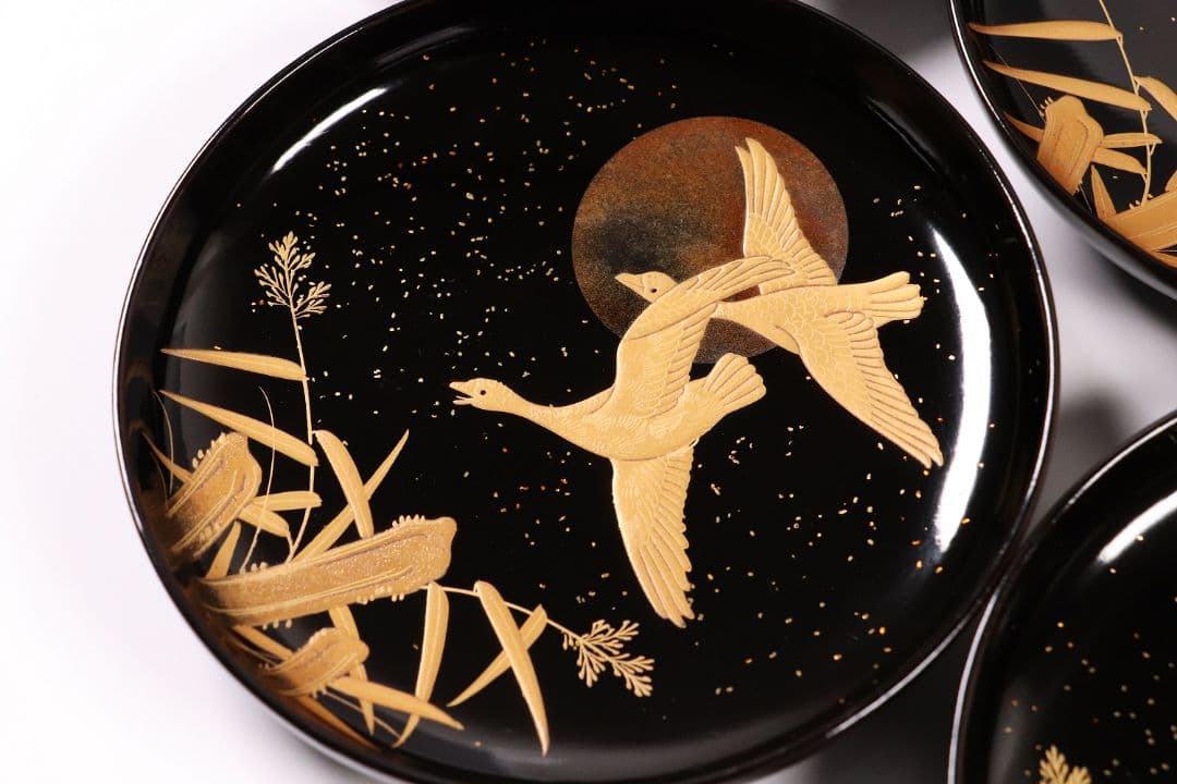 CL64 加賀蒔絵 月に雁 金蒔絵 黒塗煮物椀 五客 木製漆器 梨地 鳥 芦