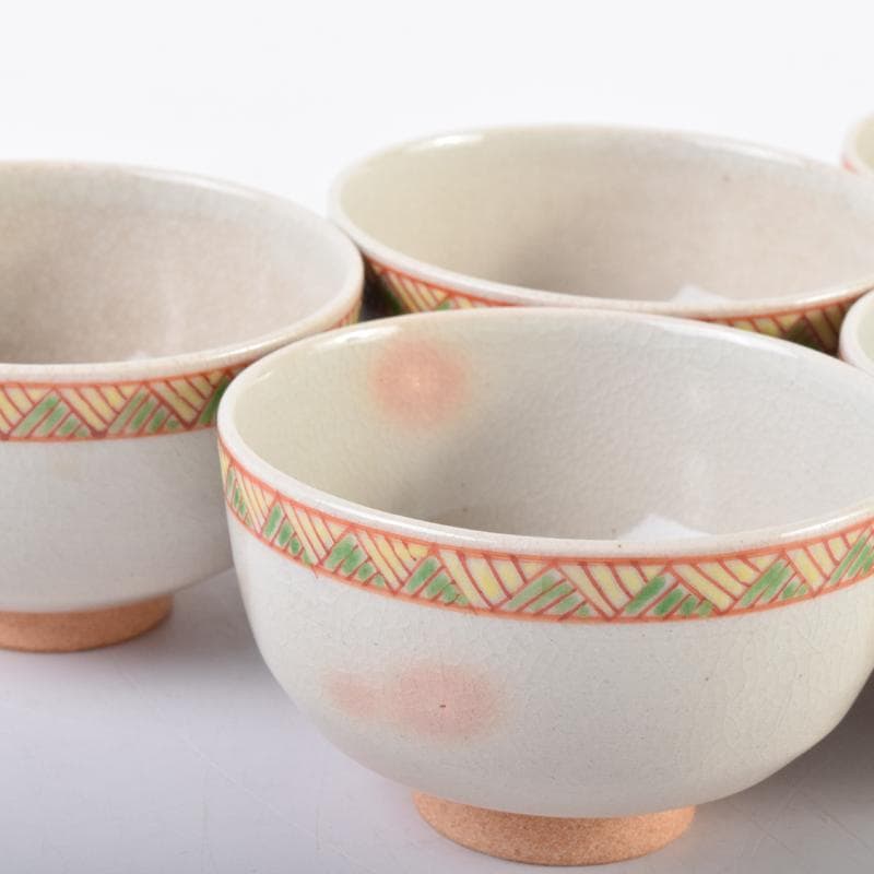 煎茶道具　北村和善作　御室焼　御本手　煎茶碗　五客　共布共箱　V　7030