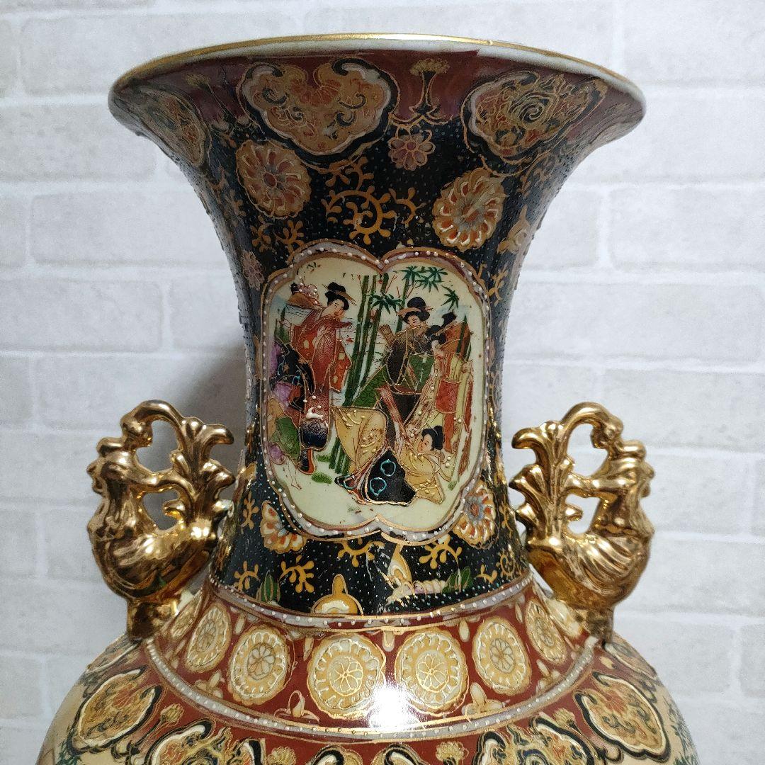 中国美術 大型飾り壺 双耳大花瓶 金彩 美人画 豪華爛漫 60cmサイズ