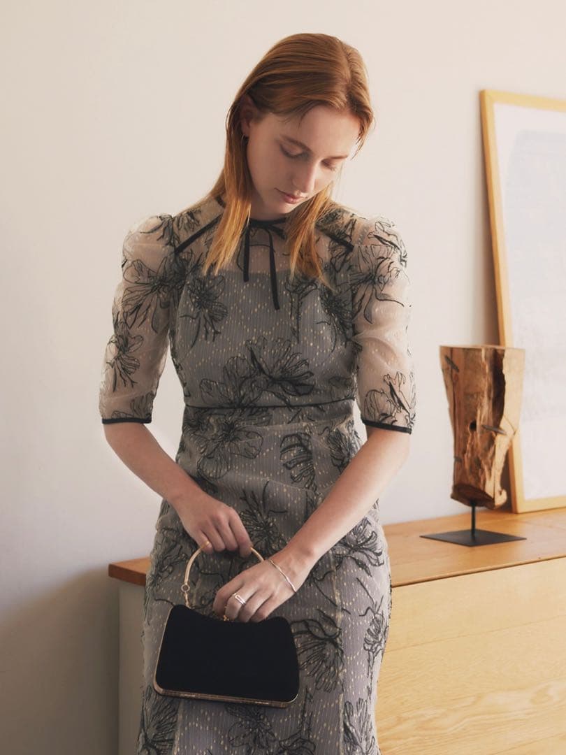 花柄リボンパフスリーブマーメイドワンピースドレス結婚式パーティー成人式二次会