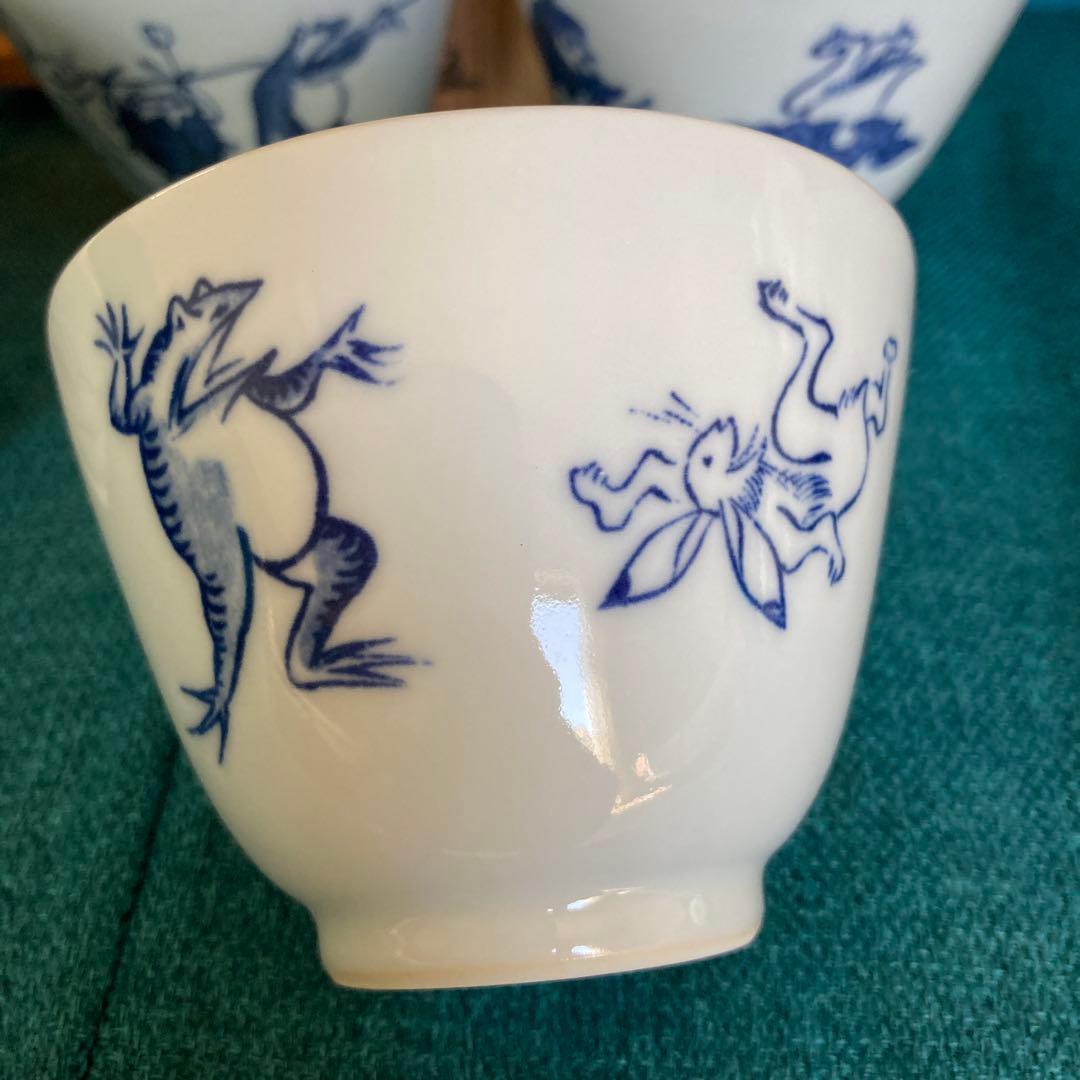 京焼 清水焼 平安吉兆 高山寺 鳥獣戯画倣　汲出 茶碗 湯呑 五客 共箱付き