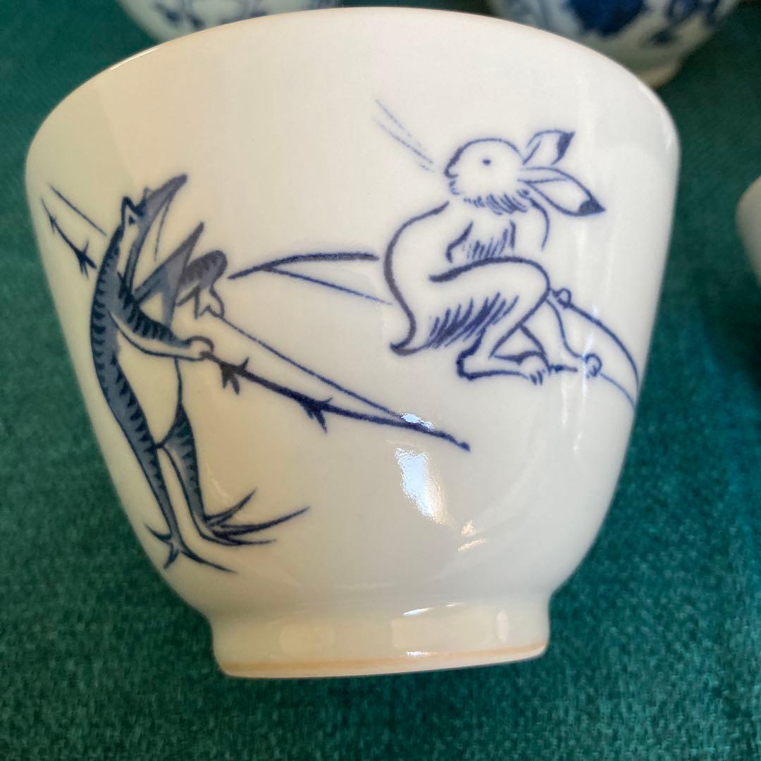 京焼 清水焼 平安吉兆 高山寺 鳥獣戯画倣　汲出 茶碗 湯呑 五客 共箱付き