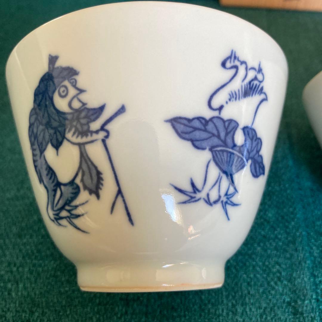 京焼 清水焼 平安吉兆 高山寺 鳥獣戯画倣　汲出 茶碗 湯呑 五客 共箱付き