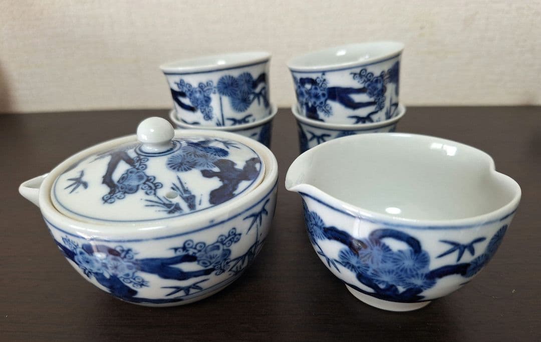 最終値下げ　煎茶器　揃　松竹梅　九谷焼　染付 　煎茶道具　未使用　湯冷まし　茶杯