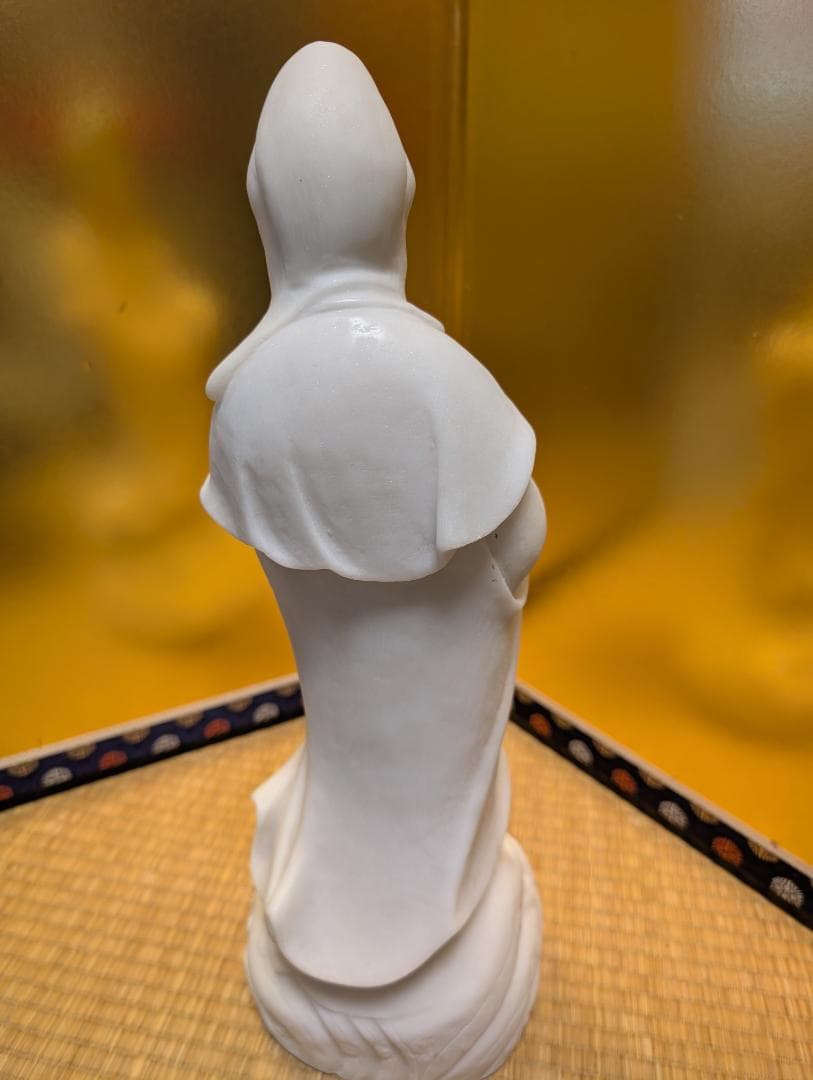 古美術　彫刻　石彫　大理石風　観音様　立像　木台付