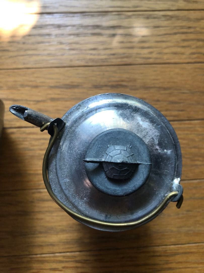 六角形 龍亀文様 錫製温酒器（酒壺）　真鍮取手付き　ビンテージ骨董