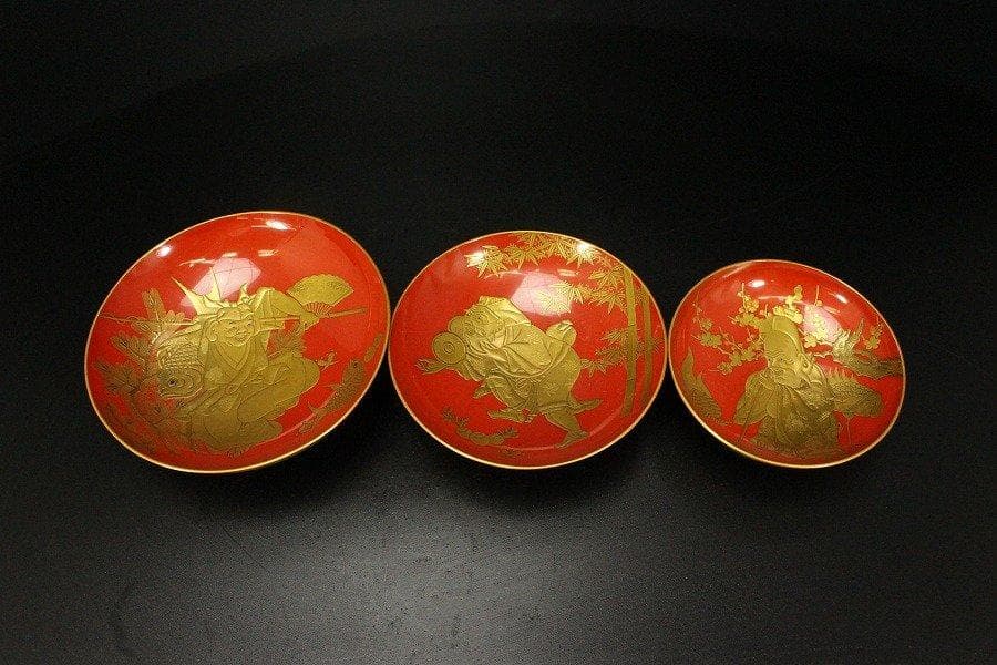 極上 吉祥 寿老人物紋 蒔絵 三碗 盃 旧家蔵出