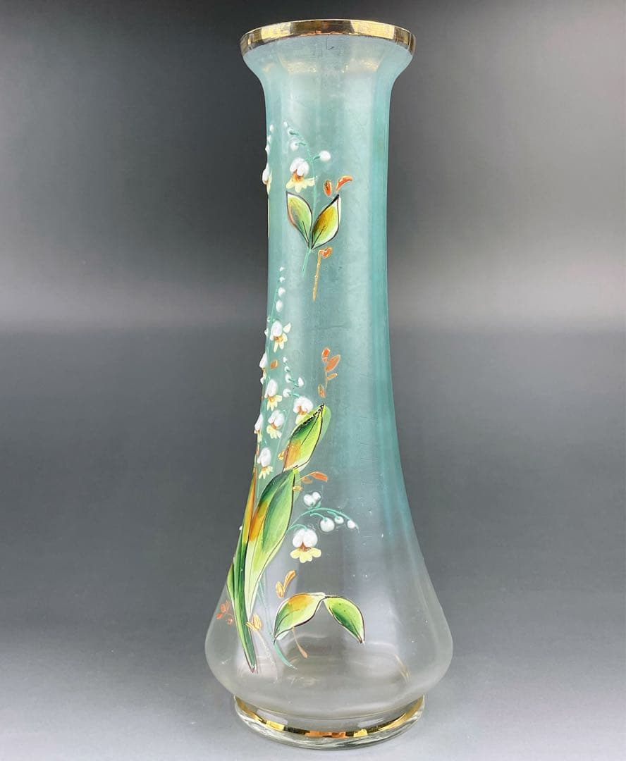 【希少】ボヘミアグラス ２２．５㎝ エナメル盛 スズラン紋 花瓶 一輪挿し