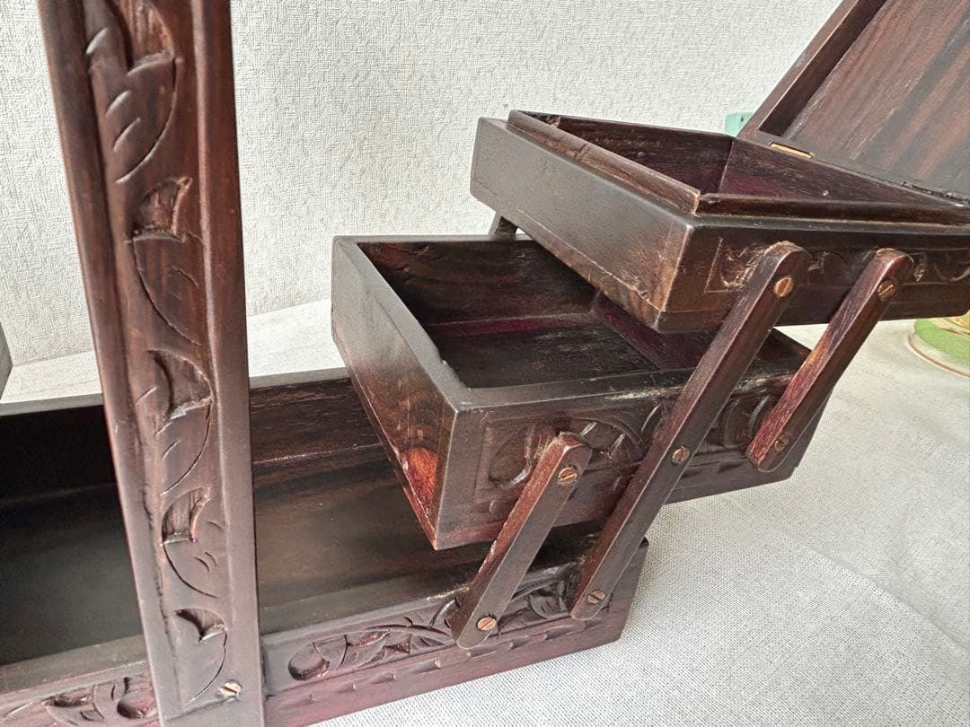 木製彫刻 裁縫箱 小物入れ 収納ボックス レリーフ アンティーク シンガポール