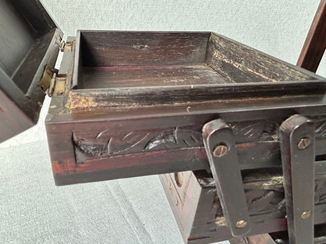 木製彫刻 裁縫箱 小物入れ 収納ボックス レリーフ アンティーク シンガポール