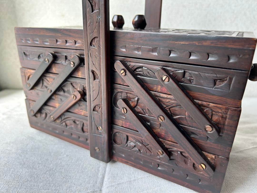 木製彫刻 裁縫箱 小物入れ 収納ボックス レリーフ アンティーク シンガポール