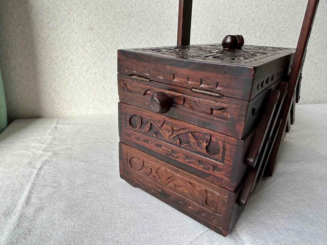 木製彫刻 裁縫箱 小物入れ 収納ボックス レリーフ アンティーク シンガポール