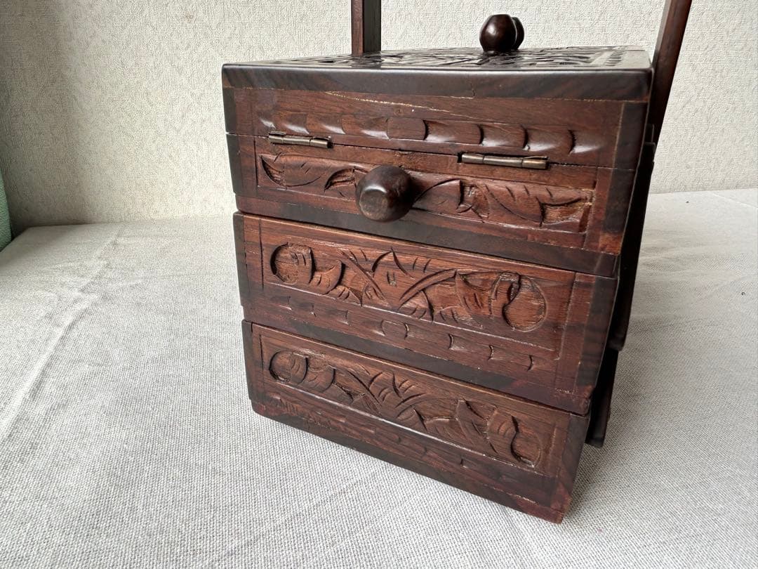 木製彫刻 裁縫箱 小物入れ 収納ボックス レリーフ アンティーク シンガポール