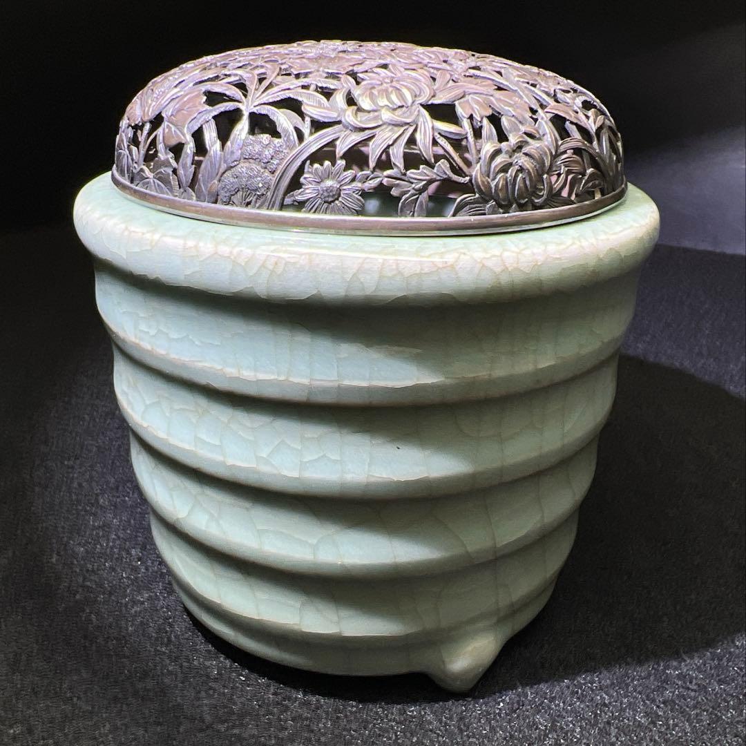 中国元時代　七官青磁　上手　銀火屋香炉　木箱付　東Y7-1203☆2Fトサオ