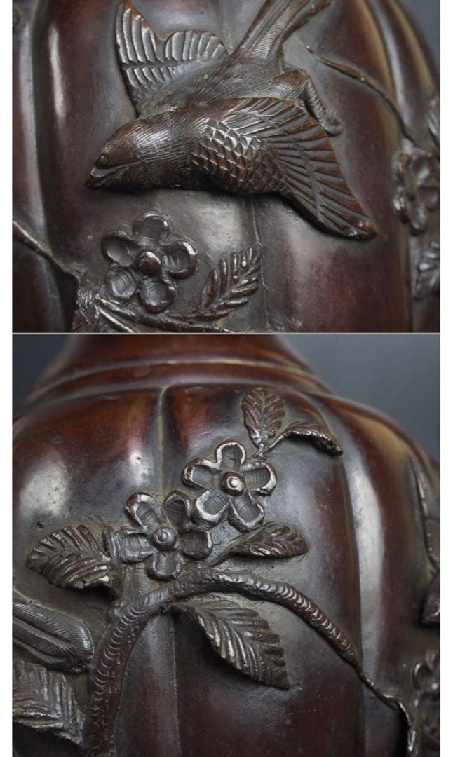 送料無料　明治時代　盛上げ花鳥紋彫金花瓶　秀逸作　★希少★高30ｃｍ