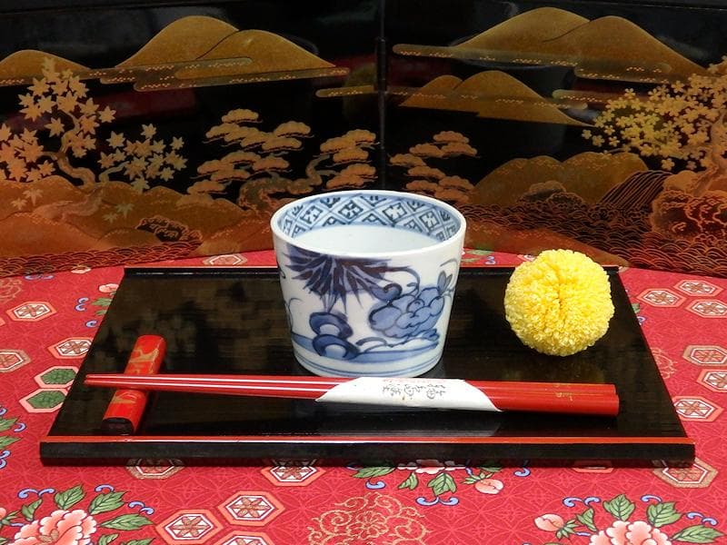 古伊万里　染付　笹に牡丹の図　蕎麦猪口　A899AS-CDg