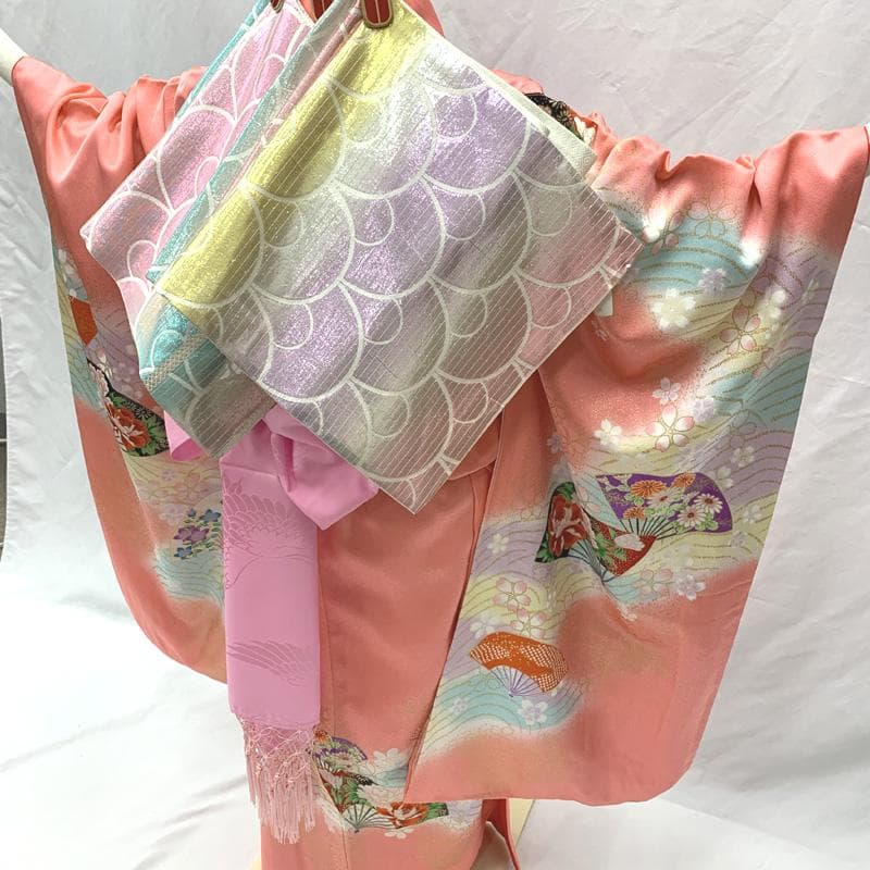 506ag2□七五三 七歳 女児 着物&袋帯&長襦袢 金彩 扇 桜□美品