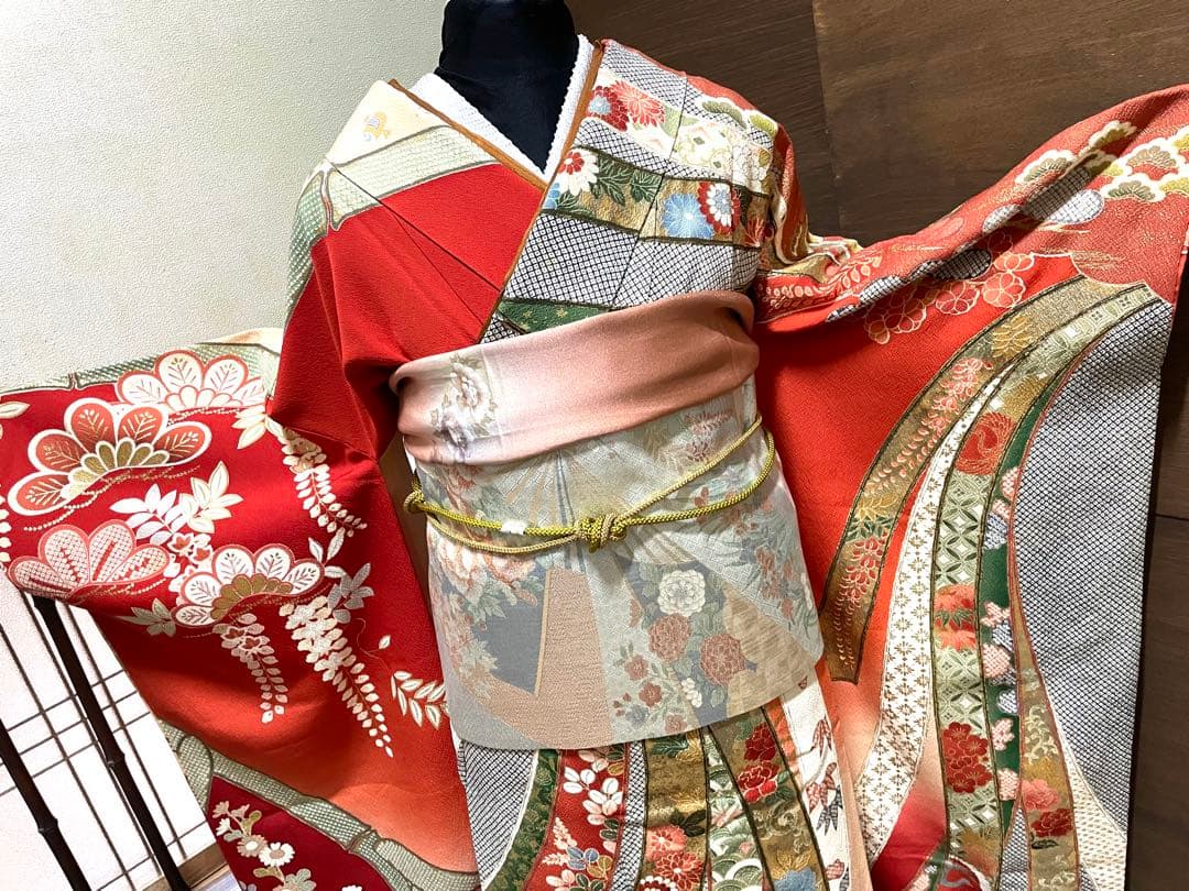 振袖 フルセット6点サイズS〜M 手描き　御所車枝花文　暈し染め　金銀彩　正絹