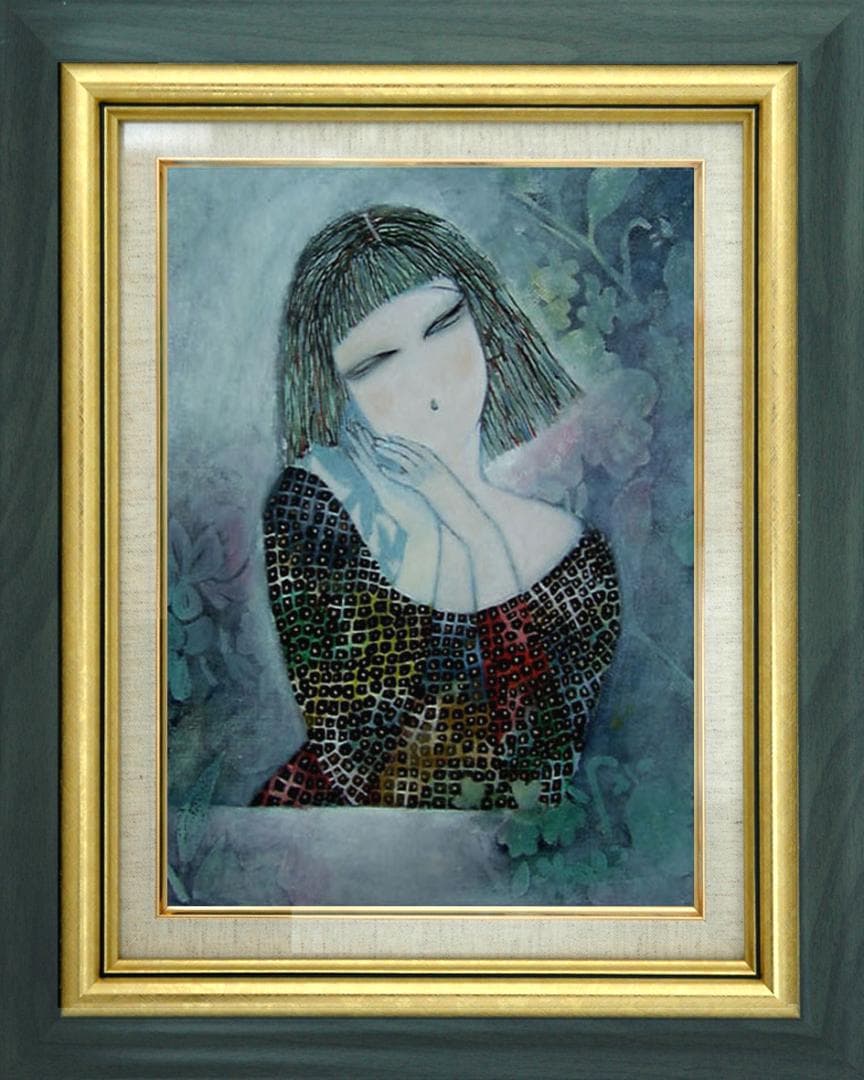 油絵 菅家令子 絵 絵画インテリア額付(青緑＋金色の枠) F6-72023 女性