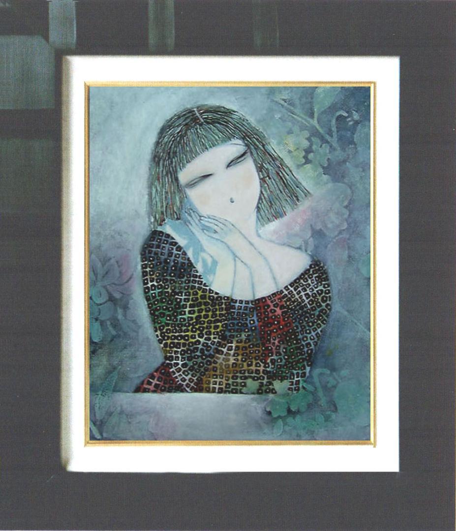 油絵 菅家令子 絵 絵画インテリア額付(青緑＋金色の枠) F6-72023 女性
