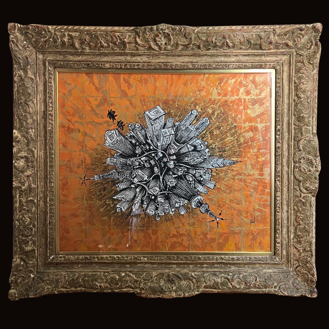 アンティークフレームの金彩墨絵