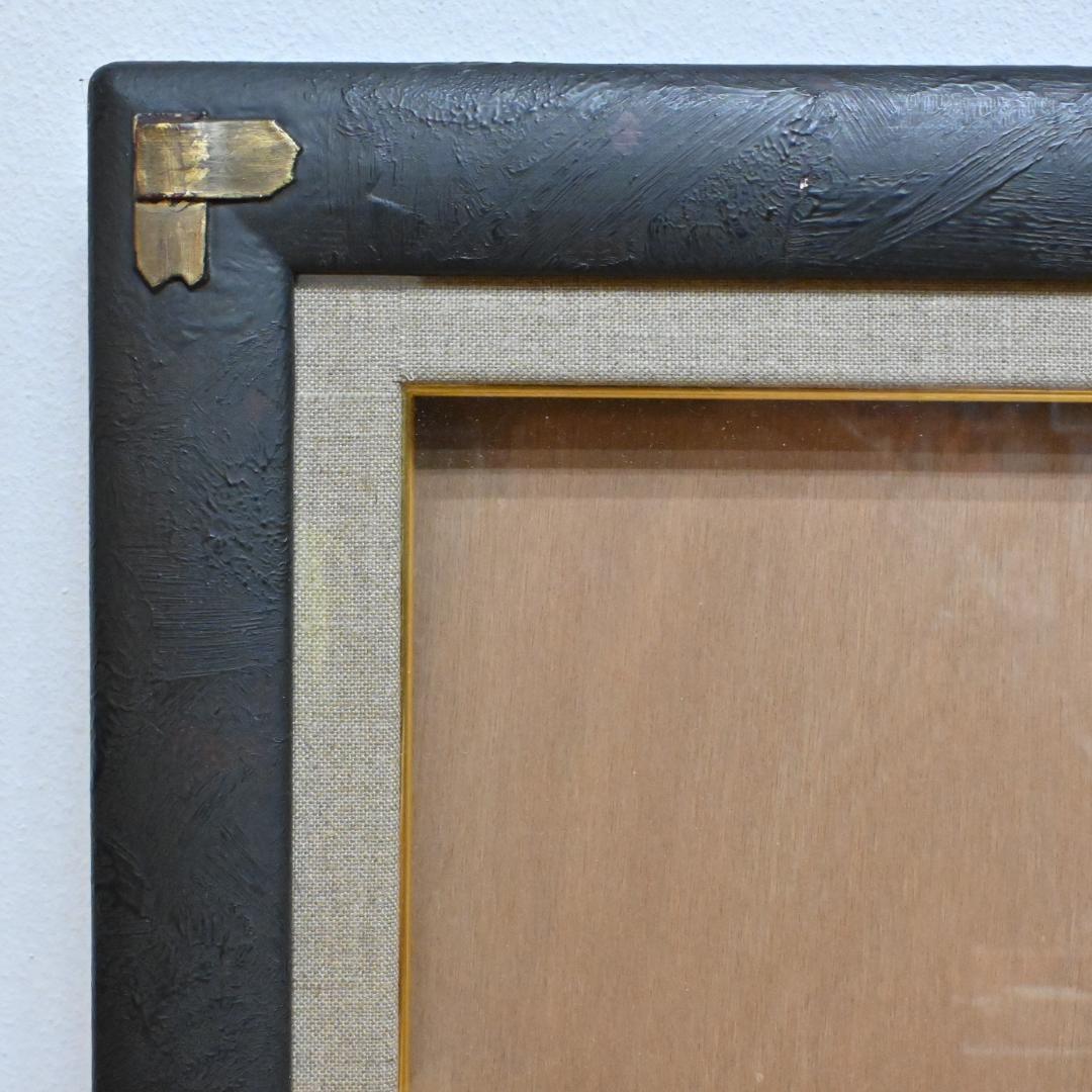 【額縁】良品 F10☆木製油彩額・前面ガラス付き・黒・グレー布・金・アンティーク