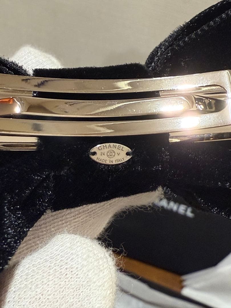 新品　シャネル ココマーク リボン 24V バレッタ GP×ベロア ブラック