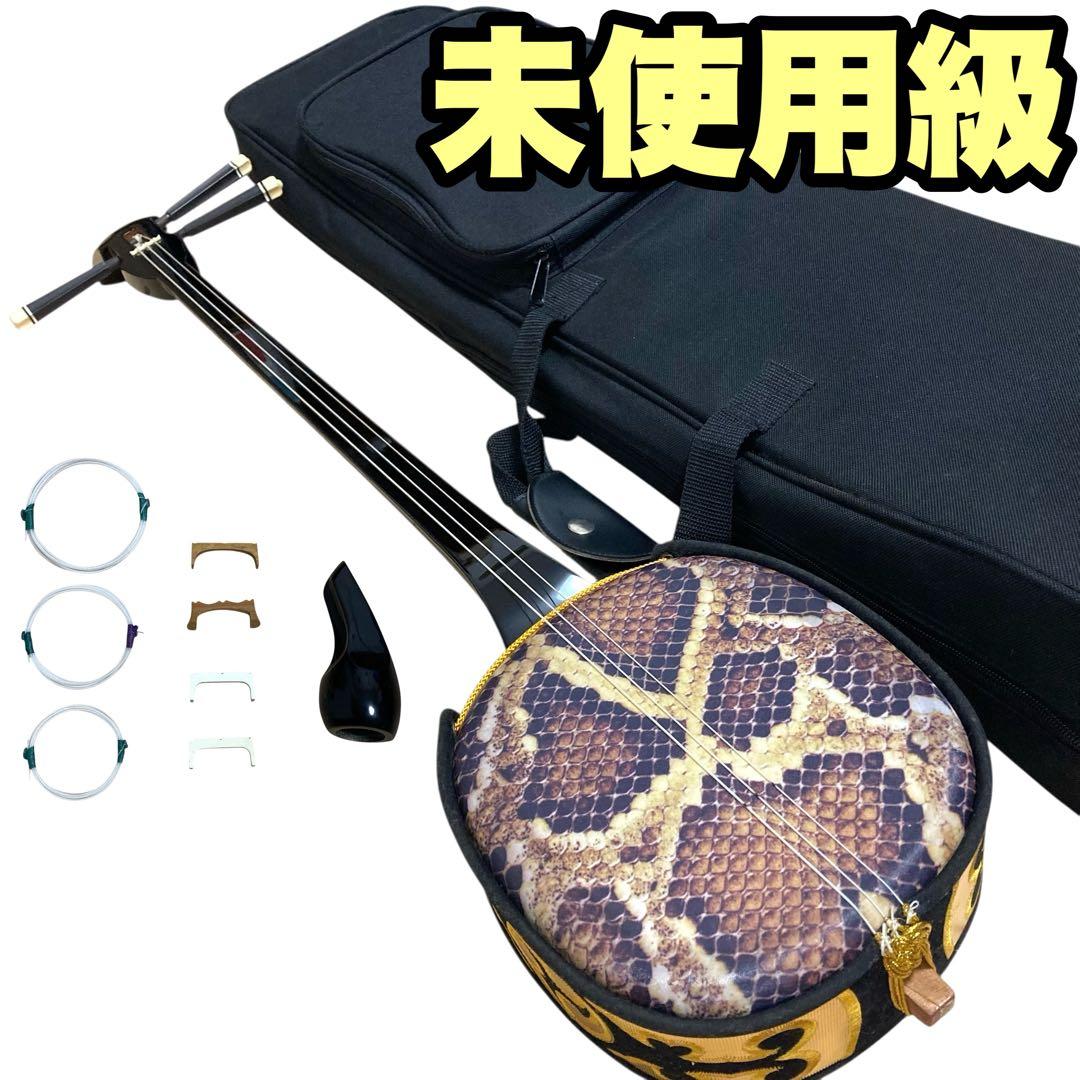 ✨付属品多数✨ 沖縄 三線 特上 人工皮革 蛇柄 ソフトケースや替弦など付属！