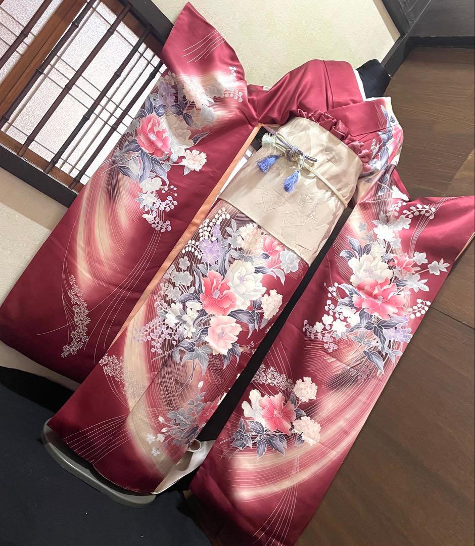 振袖フルセット6点サイズM〜Ｌ草花文　暈し染め　金銀彩　正絹