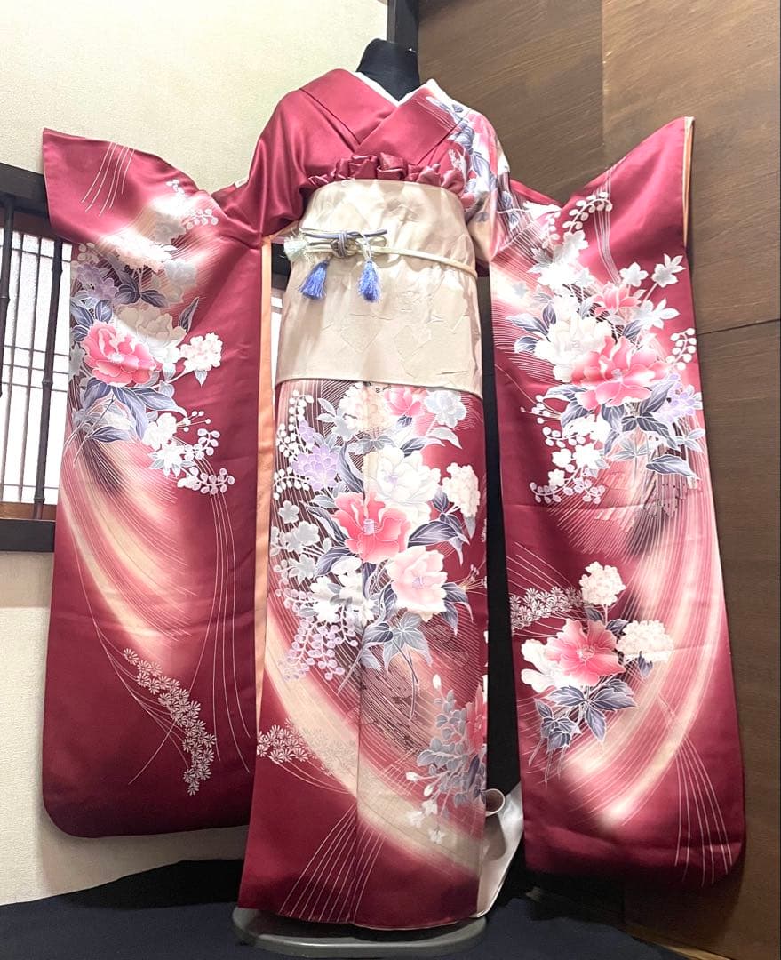 振袖フルセット6点サイズM〜Ｌ草花文　暈し染め　金銀彩　正絹