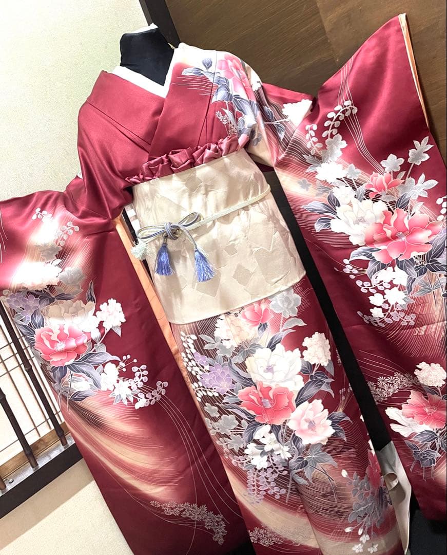 振袖フルセット6点サイズM〜Ｌ草花文　暈し染め　金銀彩　正絹