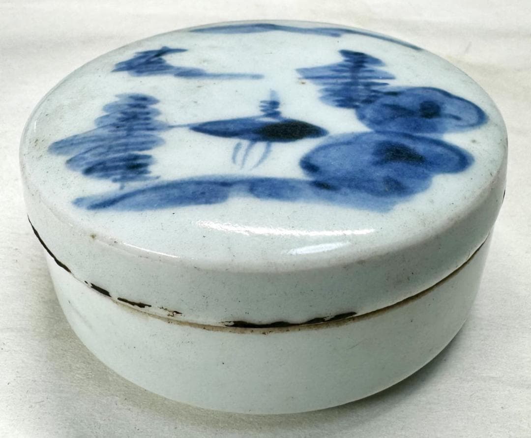 古染香合 修復あり 箱付 伝世品焼物 虫食い 青花 呉須 ウブ品 WWTT114