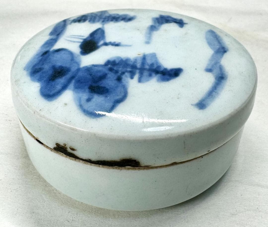 古染香合 修復あり 箱付 伝世品焼物 虫食い 青花 呉須 ウブ品 WWTT114