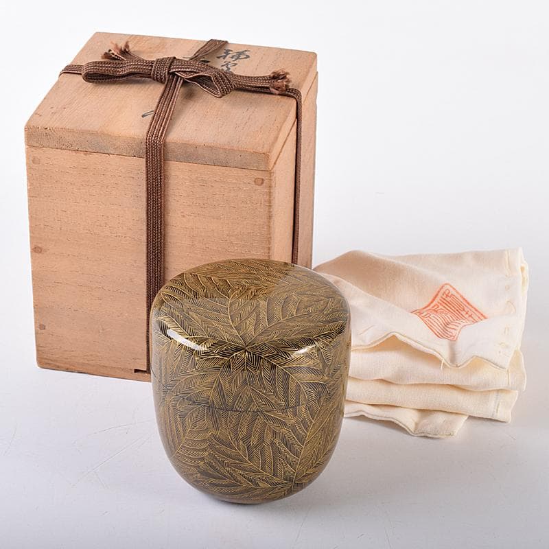 茶道具　輪島塗　峰秀堂　山崖徹郎作　沈金　しのぶ文　棗　共布共箱　V　R7967