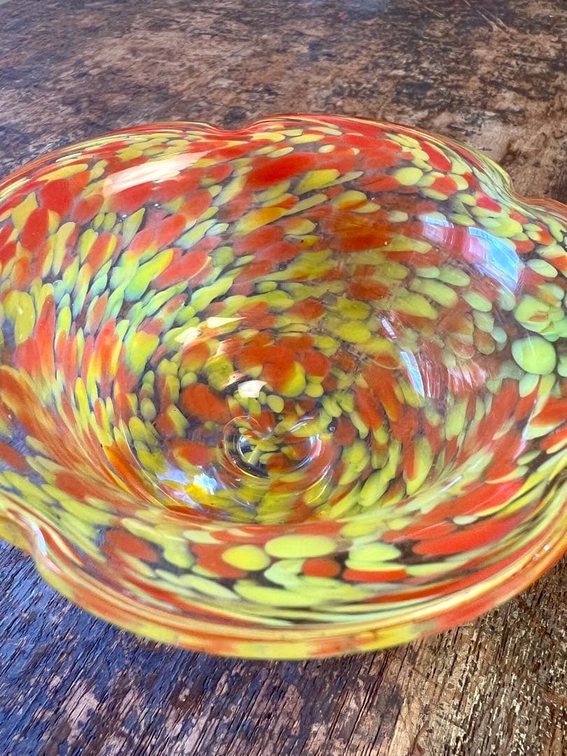 大正ロマン　吹雪紋氷コップオレンジ　ウランガラス　和ガラス　アンティーク　古道具