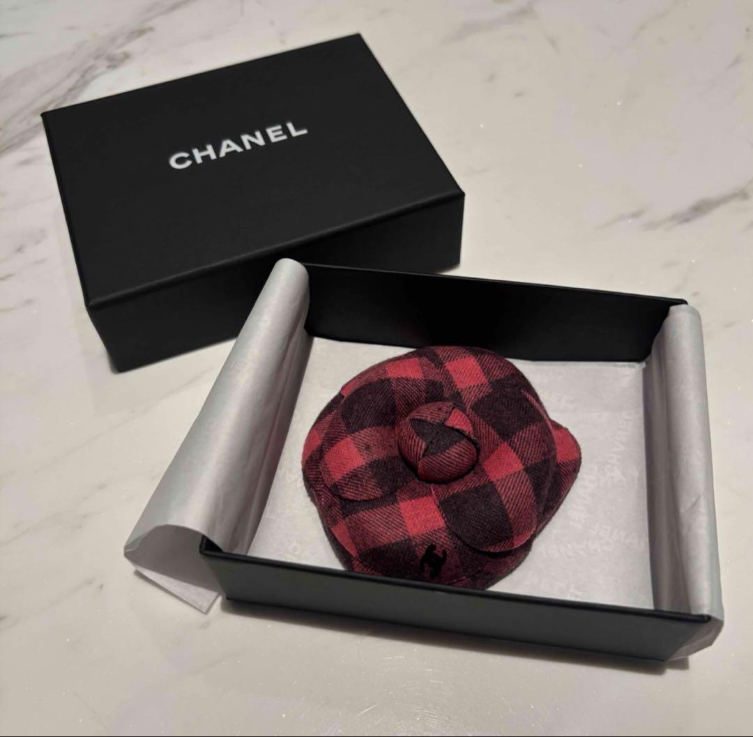 CHANEL シャネル　カメリア　ココマーク　チェック　ブローチ　ピンク