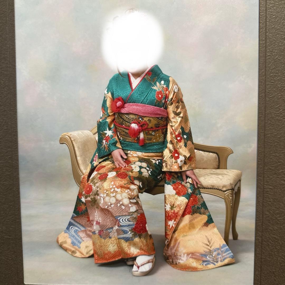 振袖 緑 花柄 帯付き