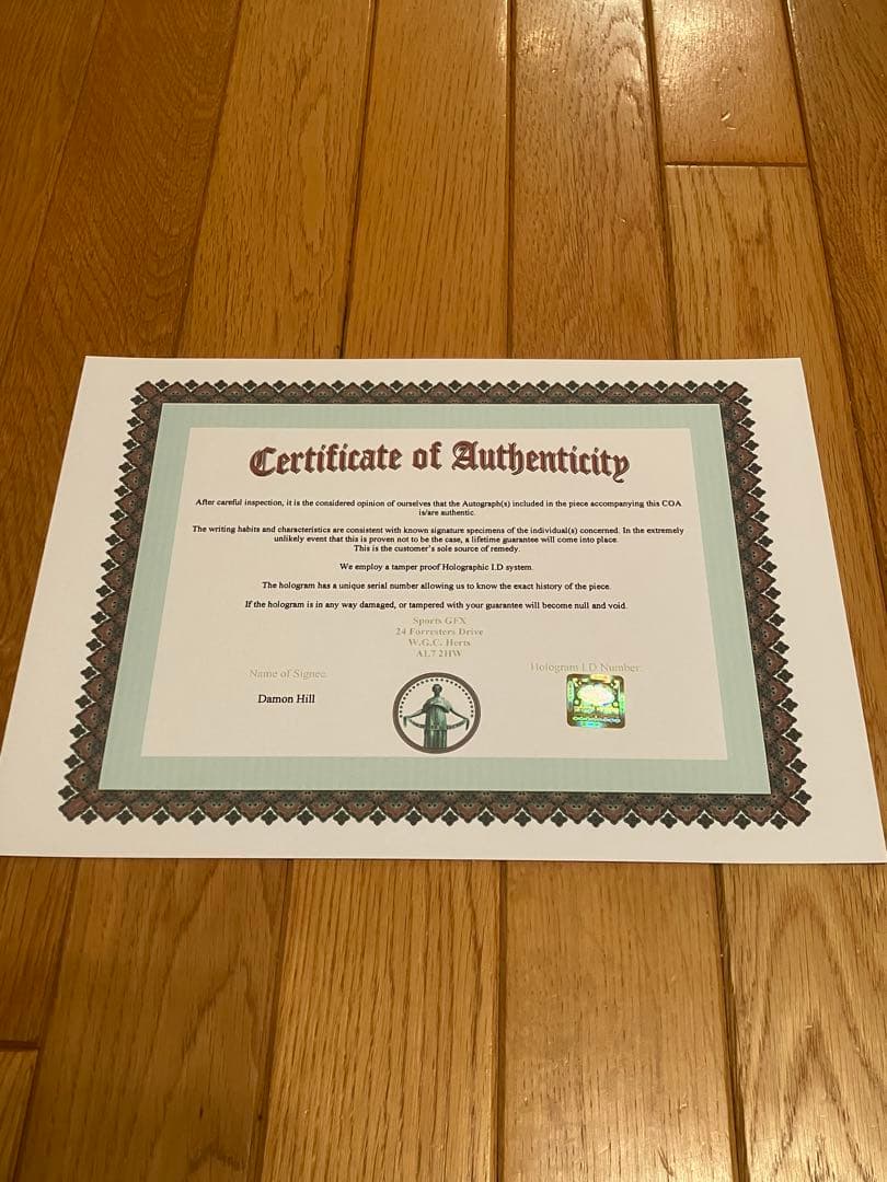 デーモン　ヒル　直筆サイン　ウィリアムズルノー　1994 証明書付き　モナコGP