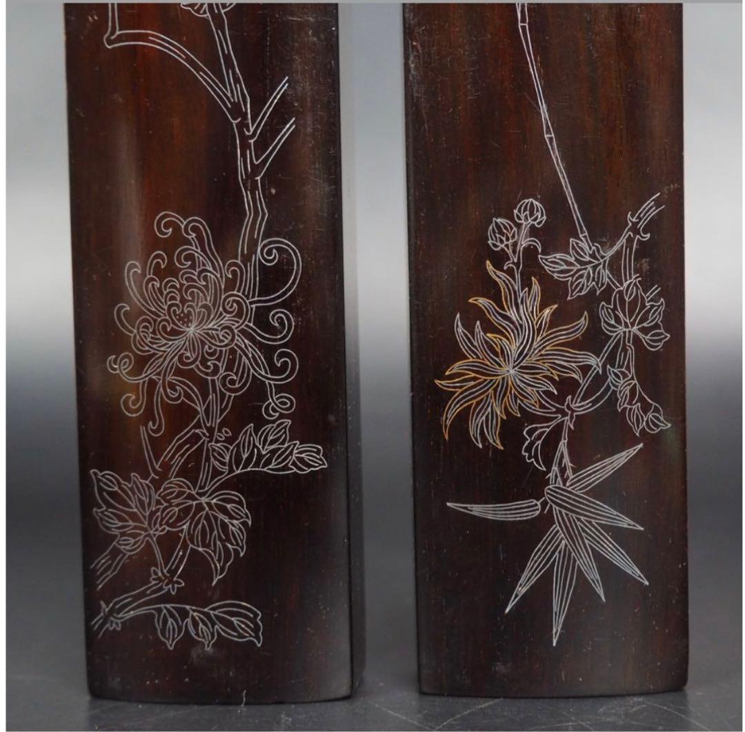 送料無料　中国古玩 民国金銀象嵌唐木文鎮/紙鎮　一対　書道具文房具