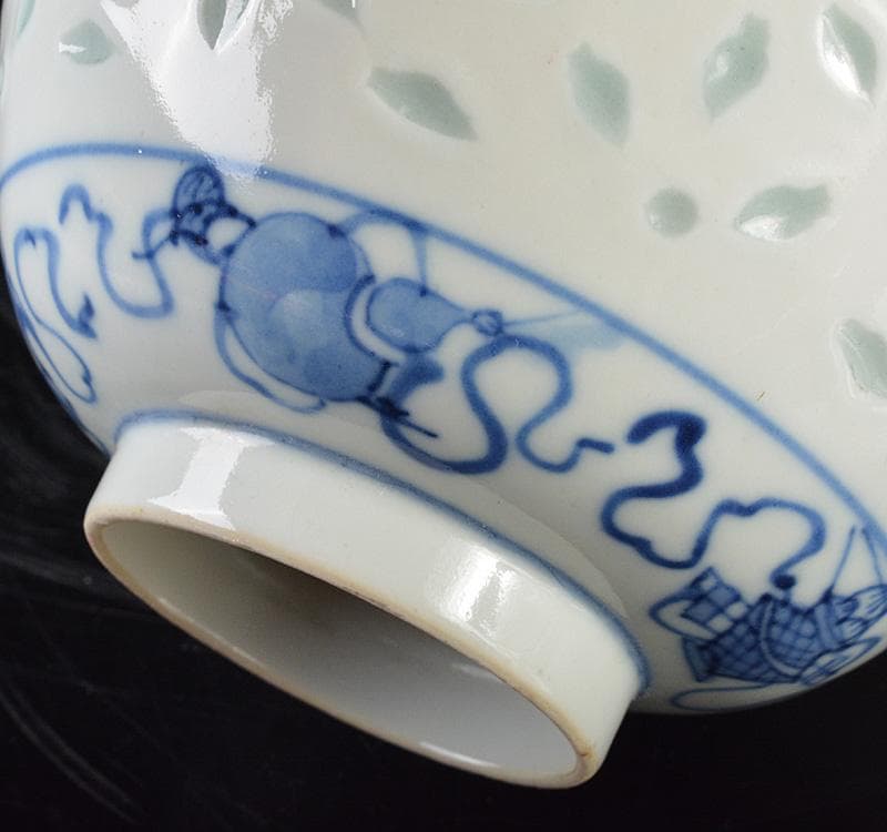 中国　大清康煕年製　青花蓮花文　透蛍手蓋茶碗　M　R5197