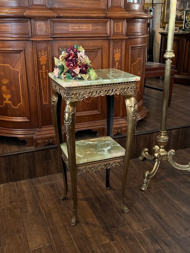 k079r118 イタリア製 大理石コンソールテーブル グリーン系 真鍮脚 2段