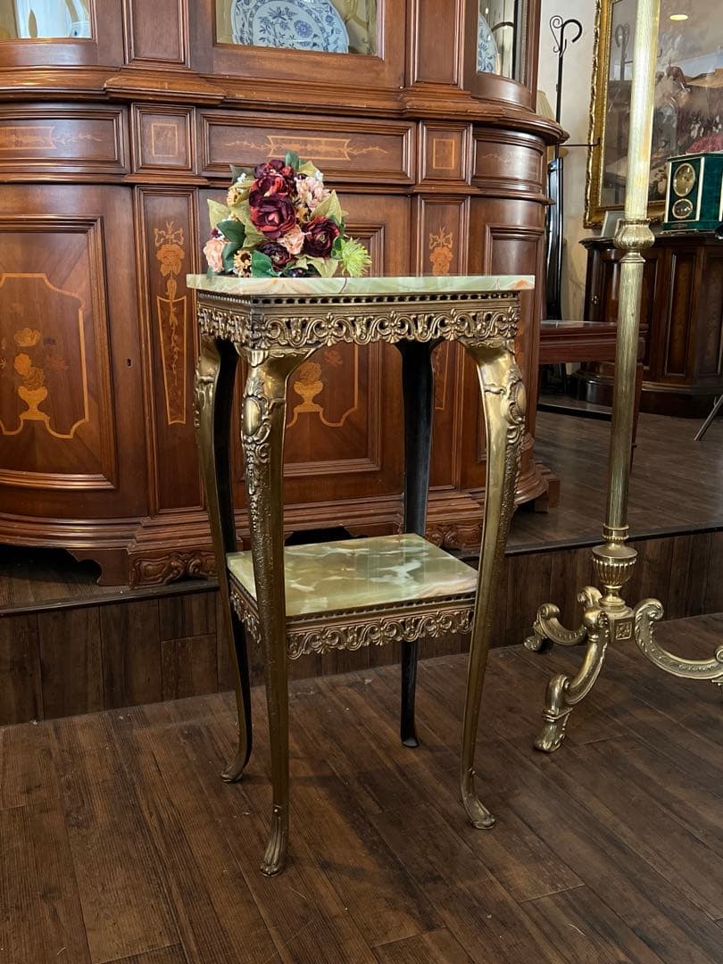k079r118 イタリア製 大理石コンソールテーブル グリーン系 真鍮脚 2段