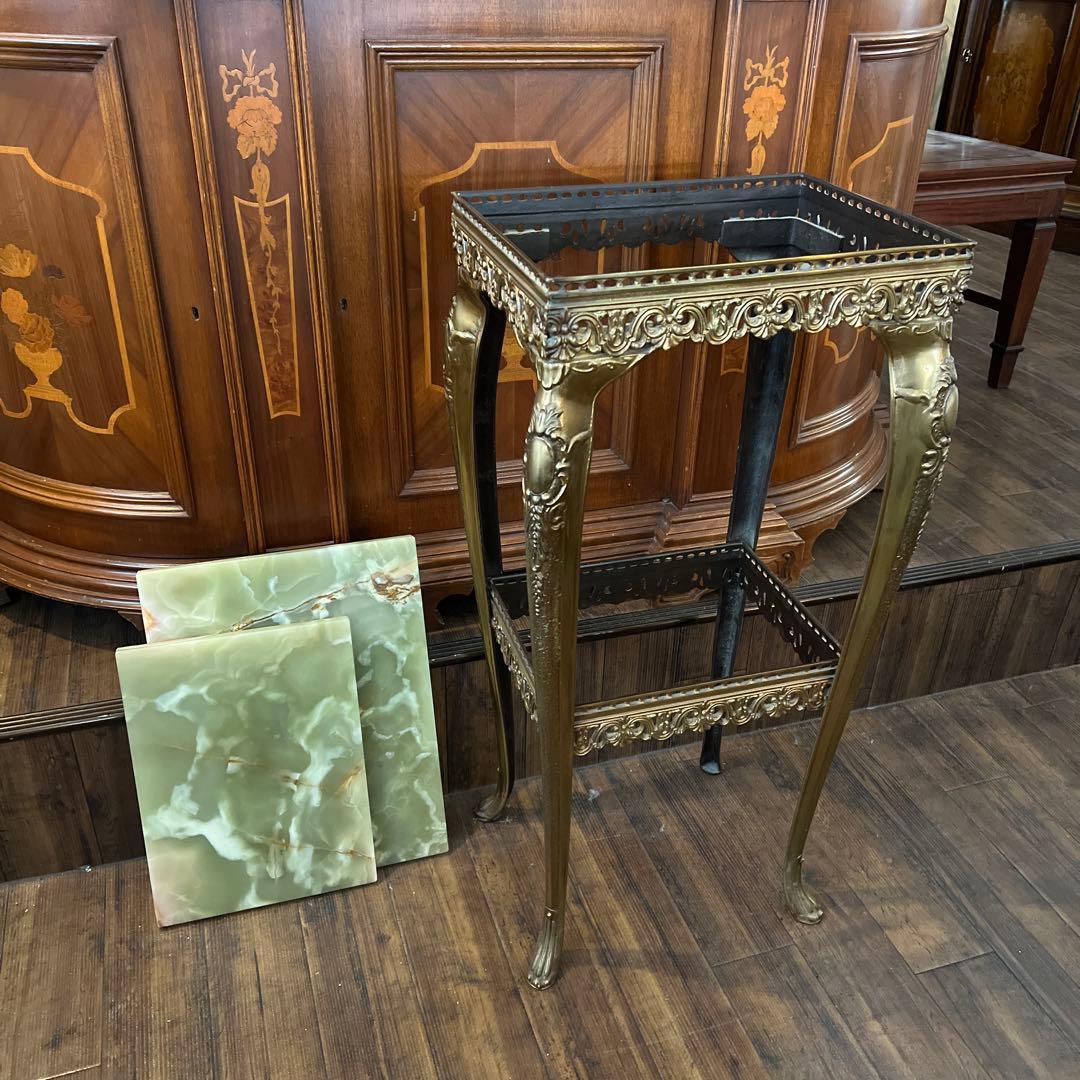 k079r118 イタリア製 大理石コンソールテーブル グリーン系 真鍮脚 2段
